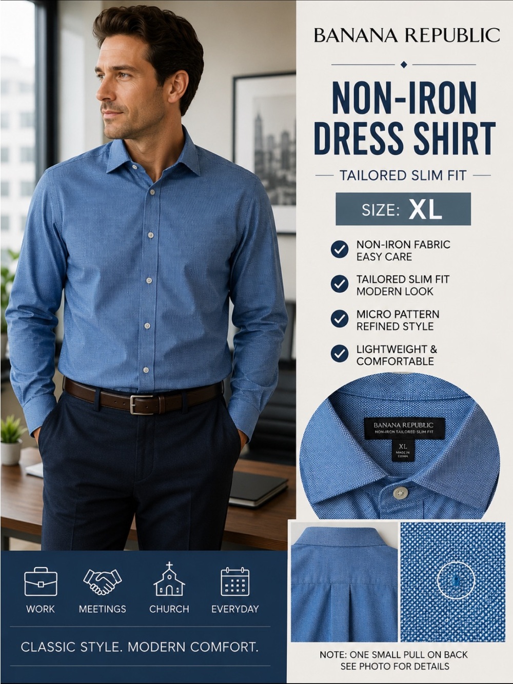 Banana Republic Men’s Blue Tailored Slim Fit Non-Iron Dress Shirt